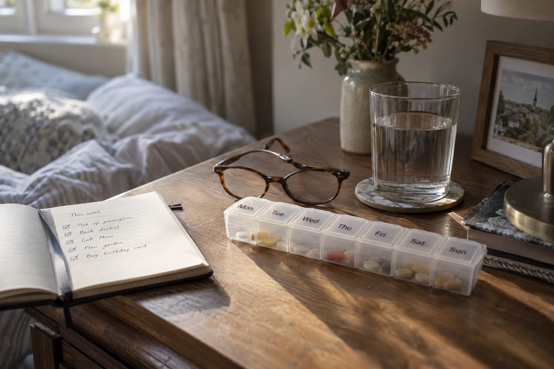 A weekly pill organiser, an open notebook, reading glasses and a glass of water on a bedside table