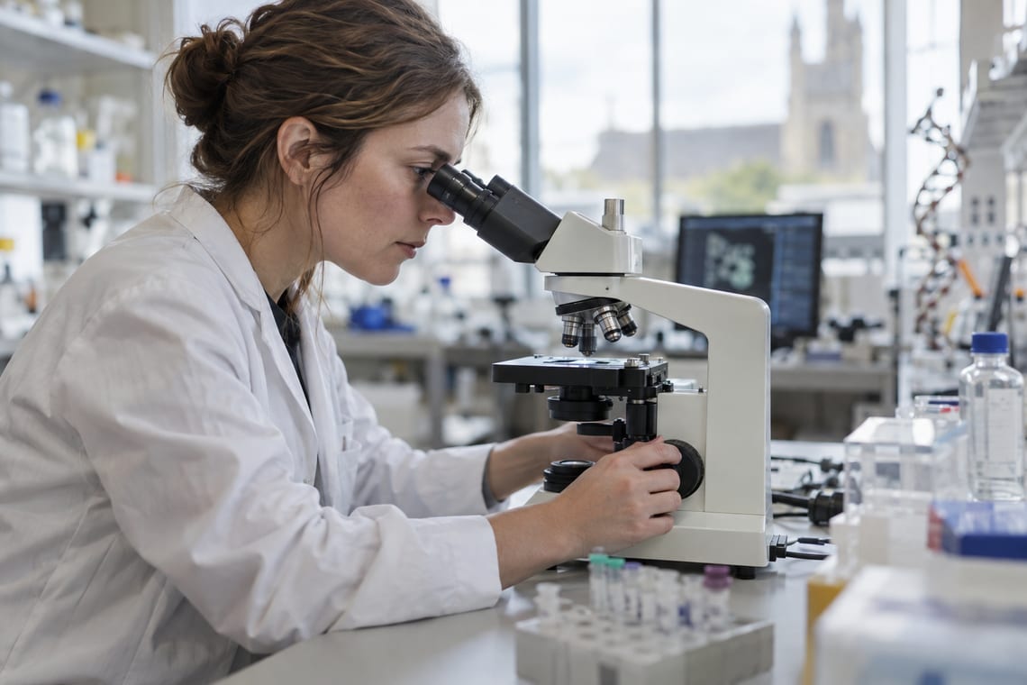 A research scientist examining a sample at a microscope in a genetics laboratory